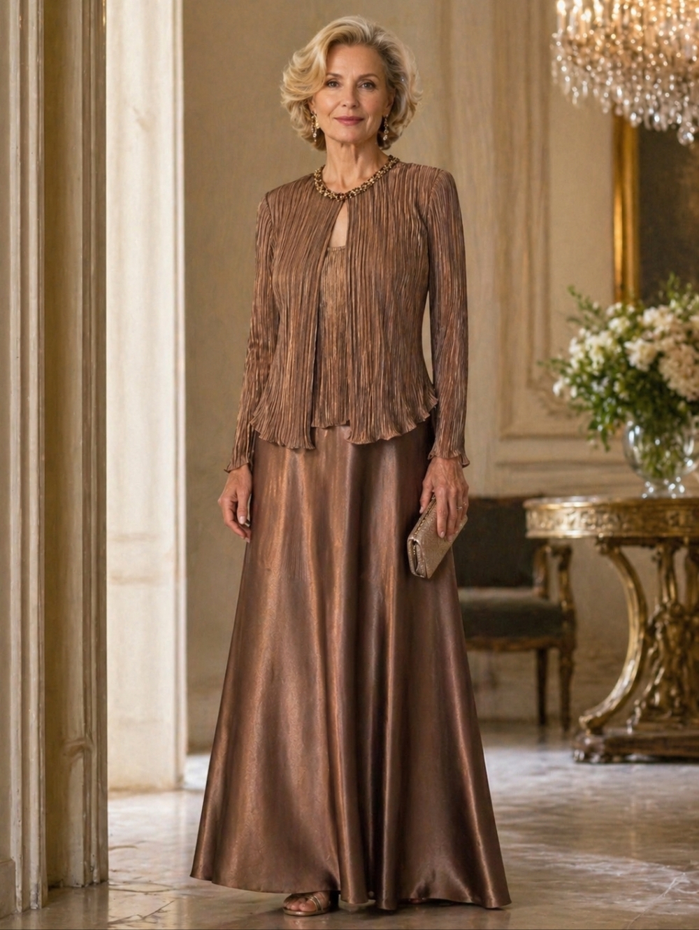 David's Bronze Formal Mother of Groom or Bride Elegant Dress Set w/Jacket Sz 6